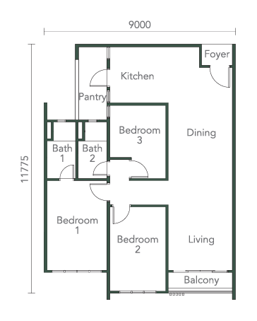 Southkey NADI Residences 平面图 C2 型，三房，1,050 平方尺