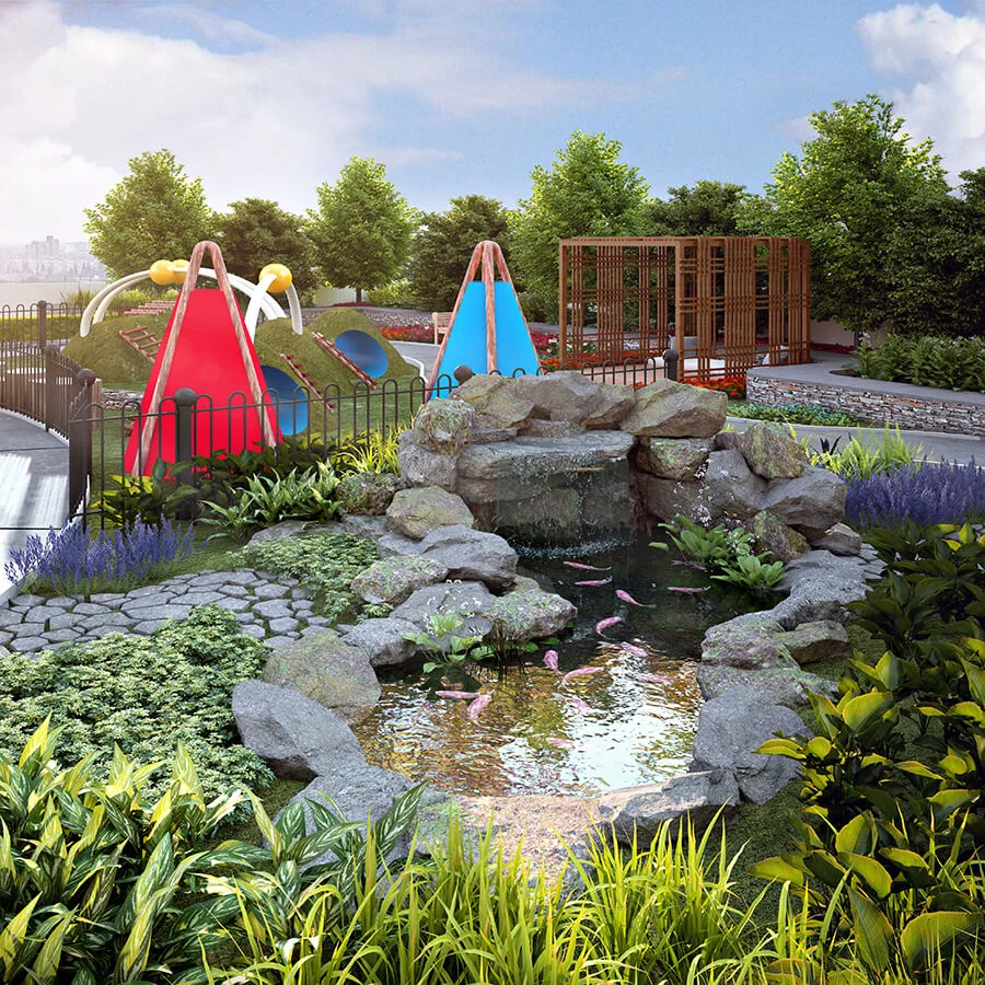 Landscaped garden and pond at Space Residency