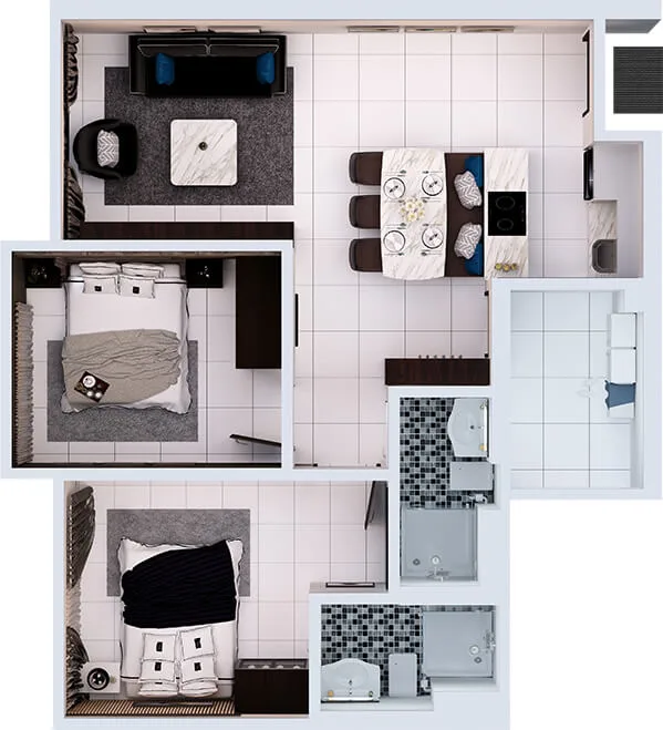 Space Residency Type B floor plan, 745 sq ft 2 bedrooms