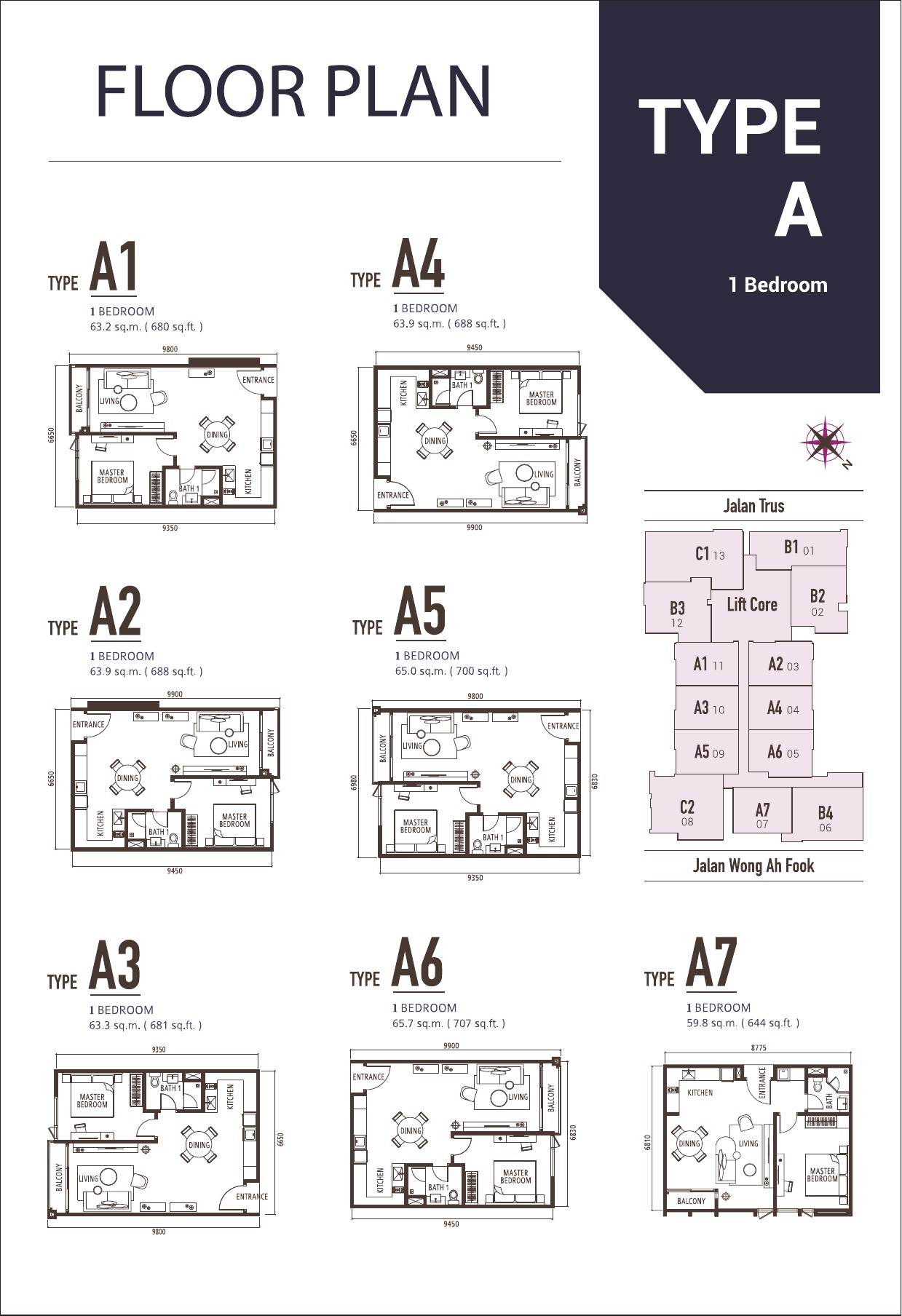 Suasana Iskandar floor plans, Type A1 to A7, 1 bedroom