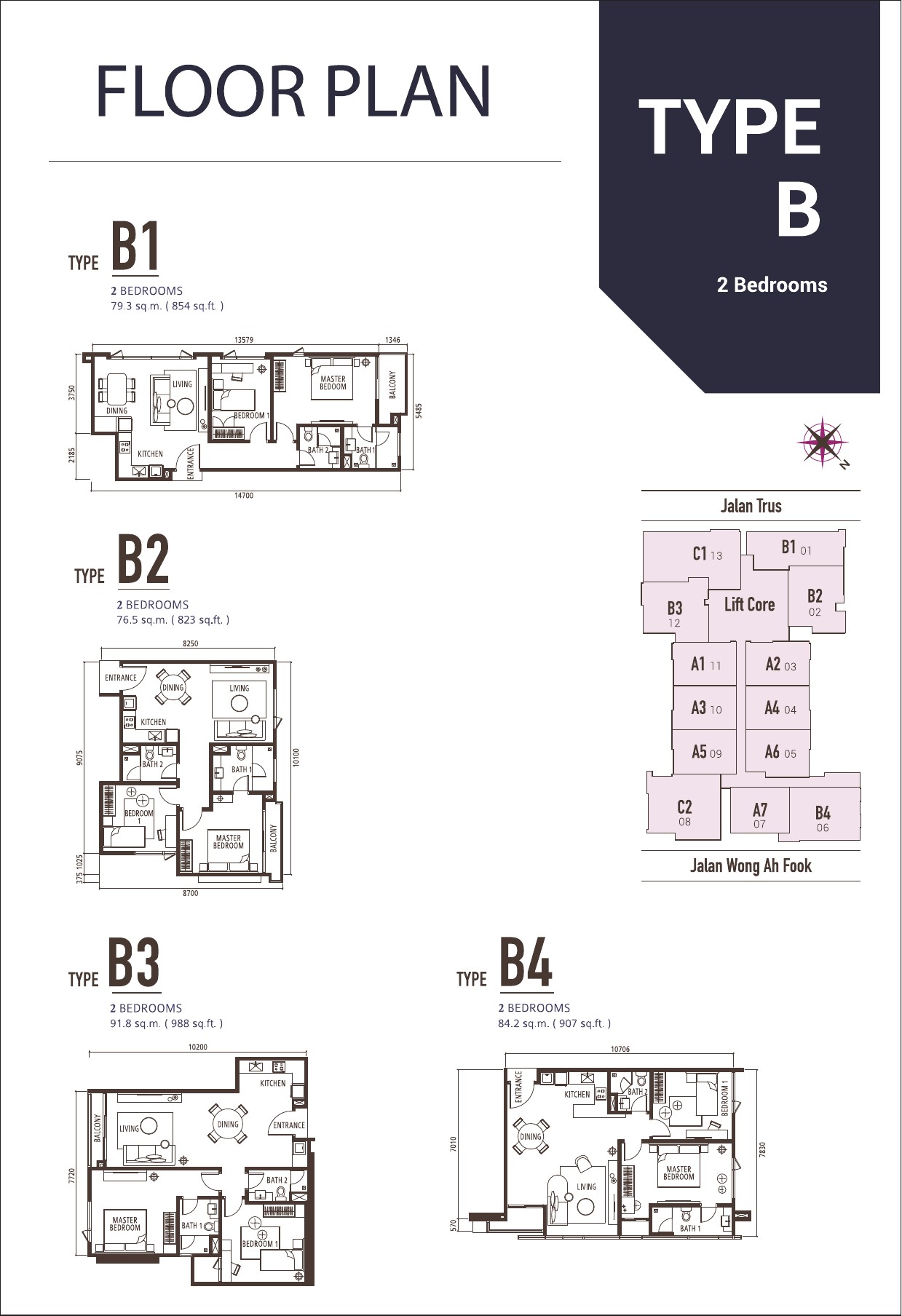 Suasana Iskandar floor plans, Type B1 to B4, 2 bedrooms