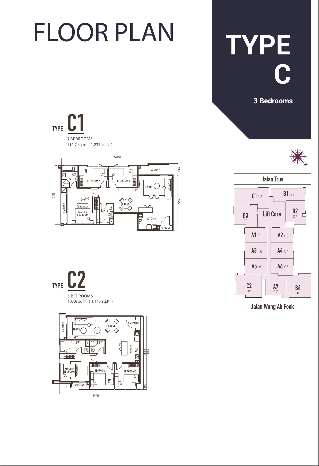Suasana Iskandar floor plans, Type C1 and C2, 3 bedrooms