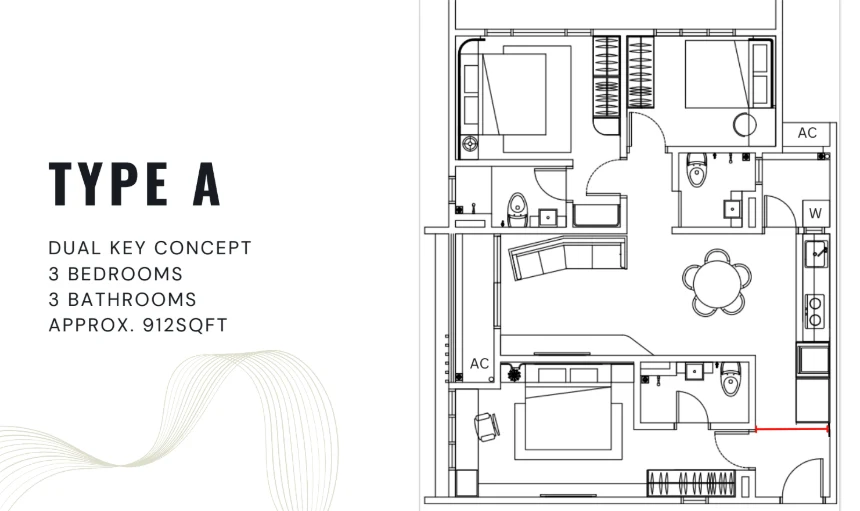 Summer Suites floor plan Type A, dual-key 3 bedrooms, 912 sq ft