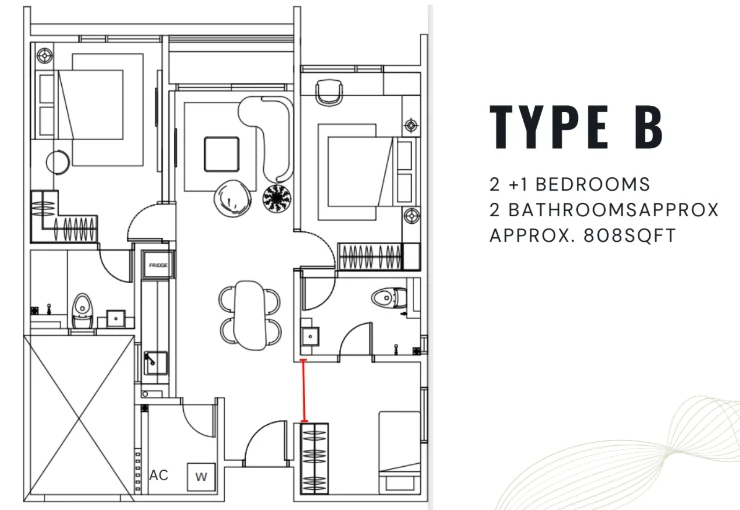 Summer Suites floor plan Type B, 2+1 bedrooms, 808 sq ft