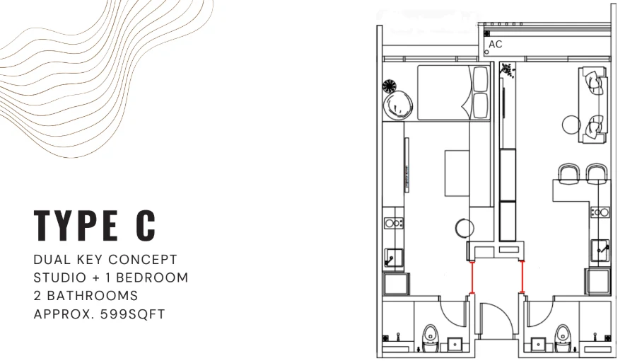 Summer Suites floor plan Type C, dual-key studio plus 1 bedroom, 599 sq ft