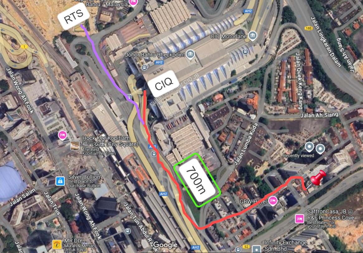 Walking route from Summer Suites to the JB CIQ and RTS Bukit Chagar