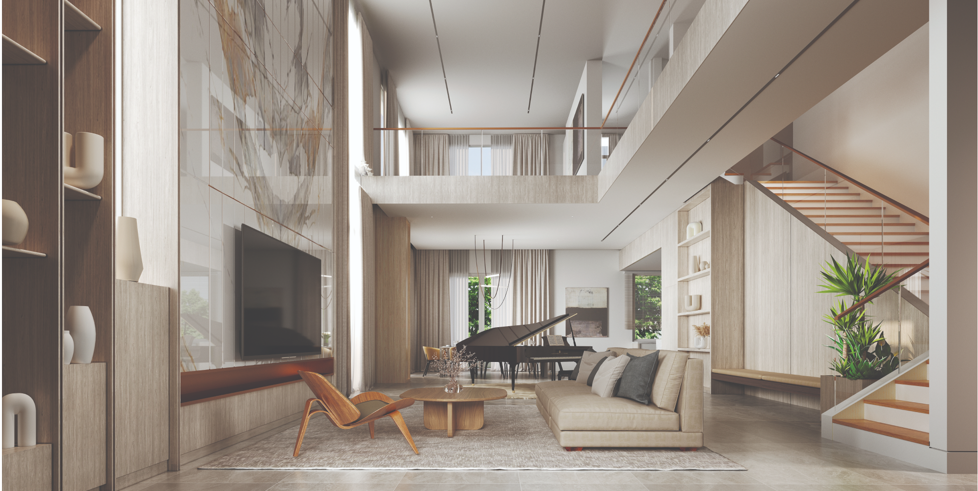 Double-volume living room in a Suria Hills bungalow