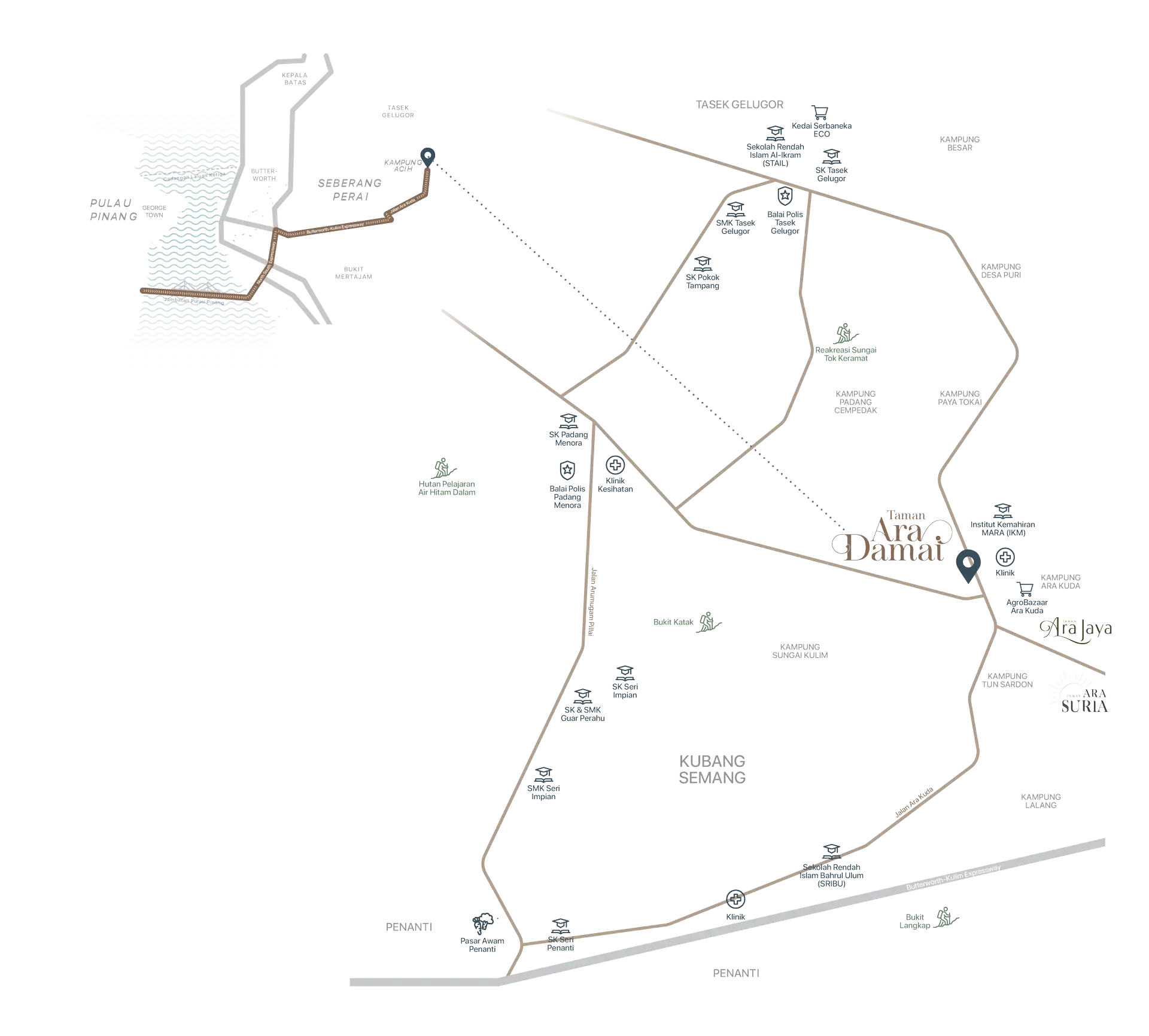 Taman Ara Damai, Tasek Gelugor: location map, Ara Kuda area