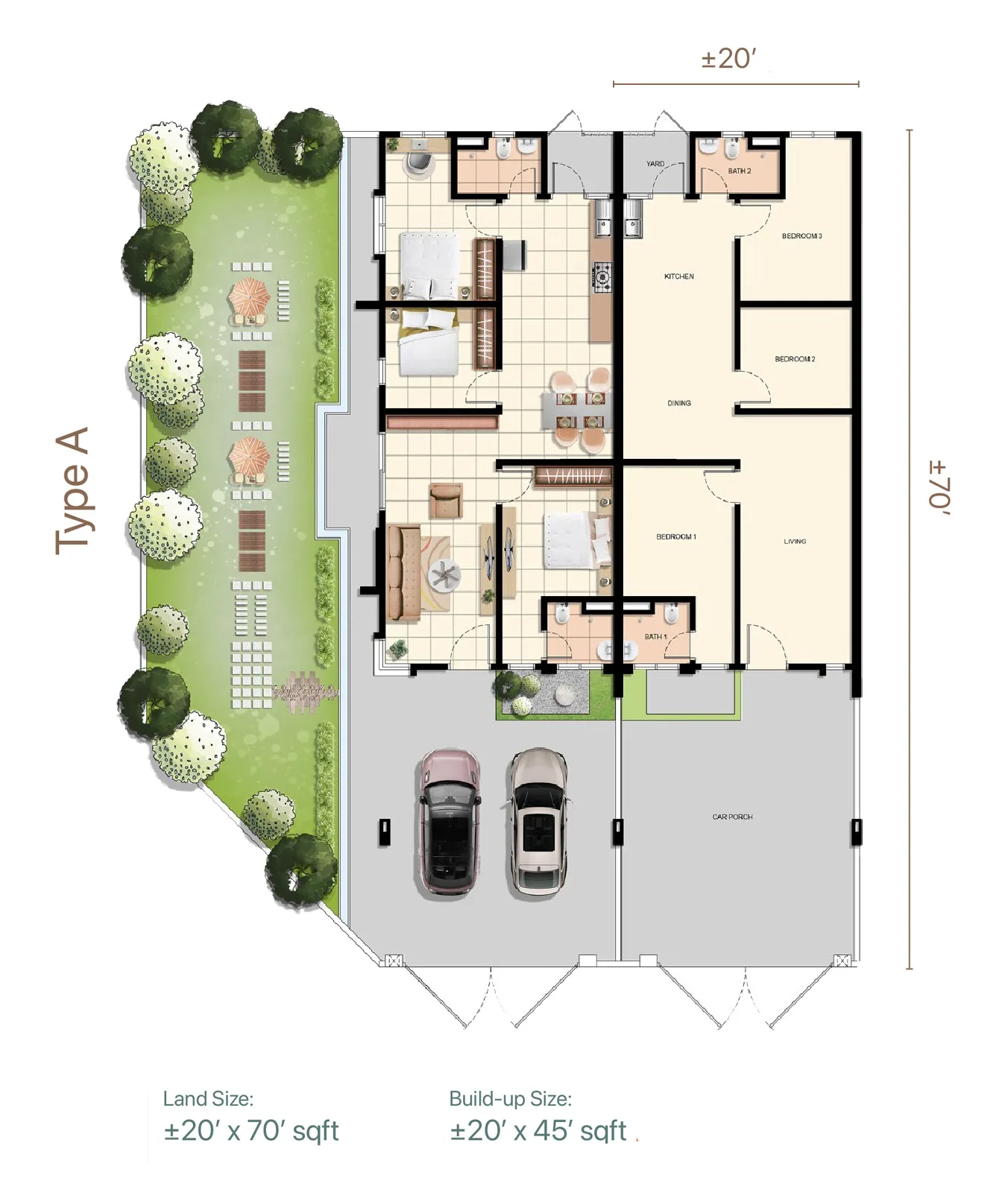 Taman Ara Damai, Tasek Gelugor: Phase 1 Type A single-storey terrace floor plan, 3 bed 2 bath, about 1,033 sq ft
