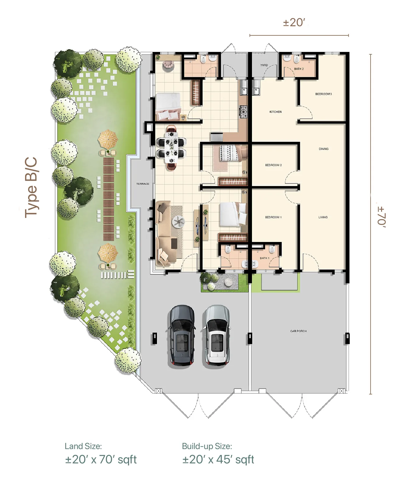 Taman Ara Damai, Tasek Gelugor: Phase 1 Type B and C single-storey terrace floor plans, 3 bed 2 bath, about 1,033 sq ft