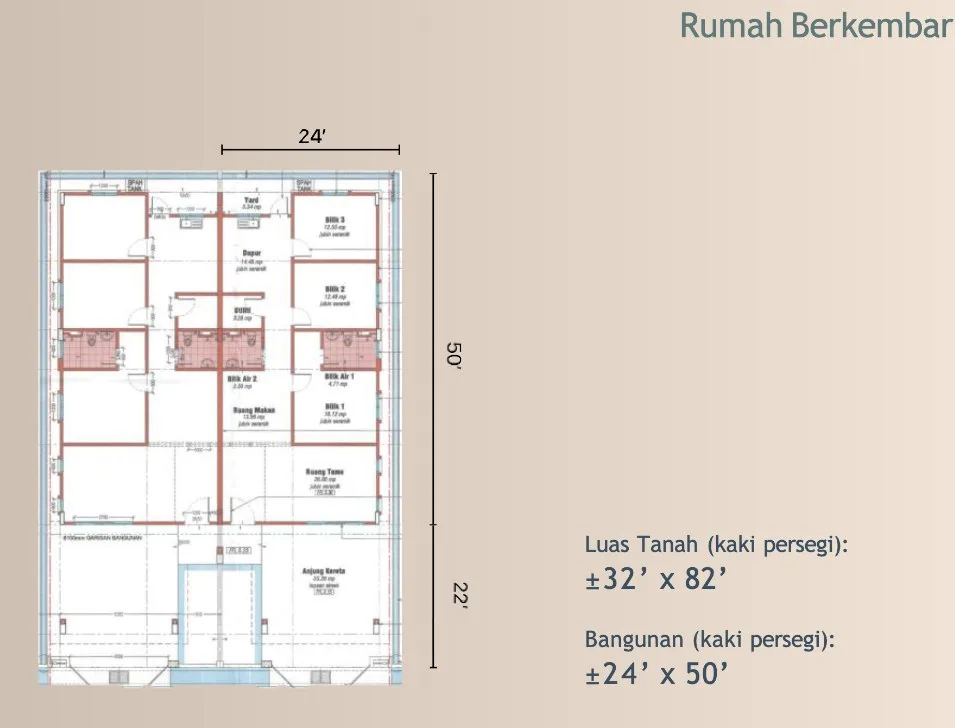 Taman Ara Damai, Tasek Gelugor: Phase 2 single-storey semi-detached floor plan, 3 bed 2 bath, about 1,195 sq ft