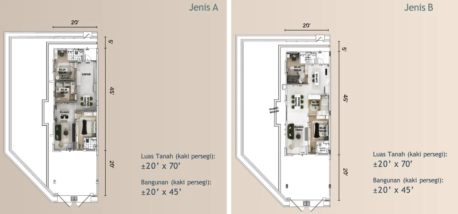 Taman Ara Damai, Tasek Gelugor: Phase 2 single-storey terrace floor plans, 3 bed 2 bath, about 904 sq ft