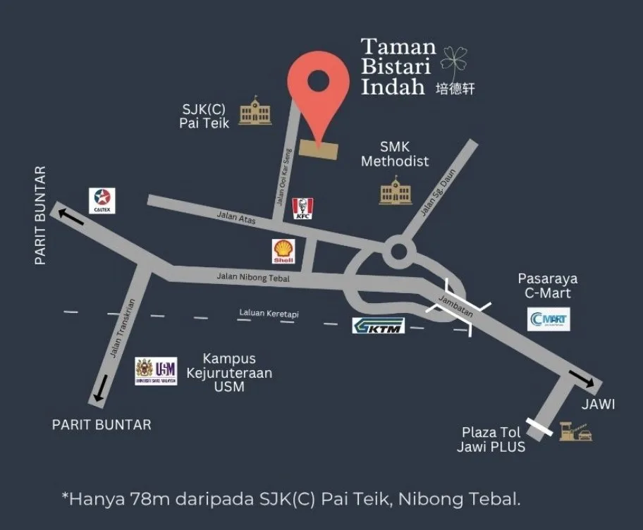 Taman Bistari Indah, Nibong Tebal: location map near Jalan Ooi Kar Seng and the Jawi toll plaza