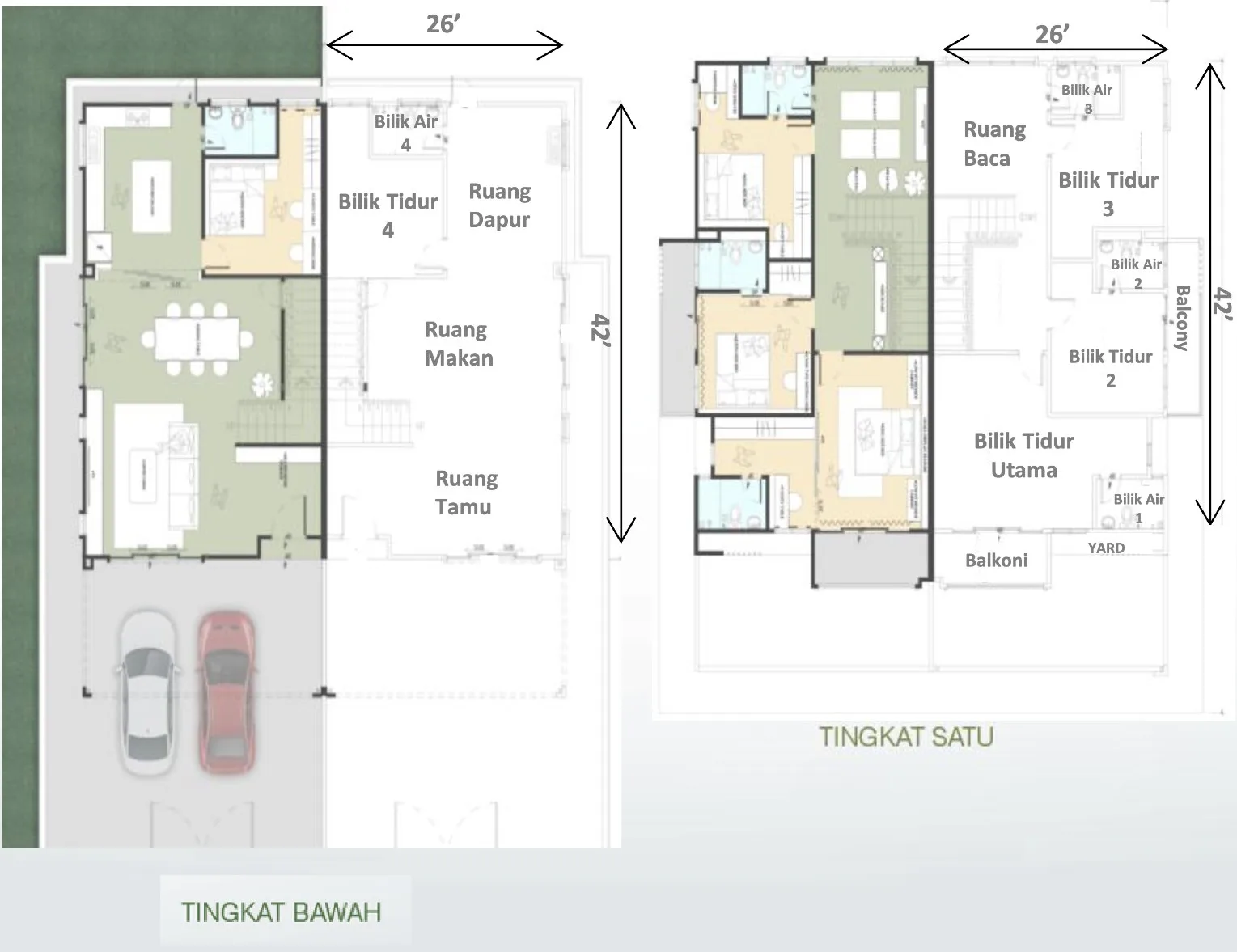 Taman Bistari Jaya, Nibong Tebal: two-storey semi-detached floor plan, 4 bed 4 bath, about 2,164 sq ft