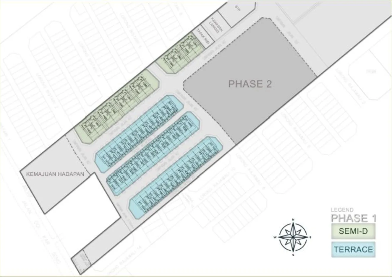 Taman Bistari Jaya, Nibong Tebal: Phase 1 site plan with terrace and semi-detached rows