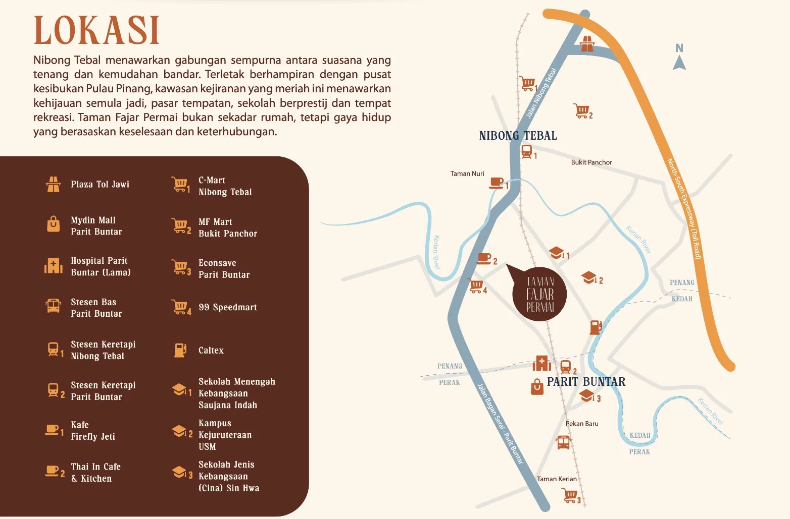 Taman Fajar Permai (Sunrise Terraces), Nibong Tebal: location map between Nibong Tebal and Parit Buntar