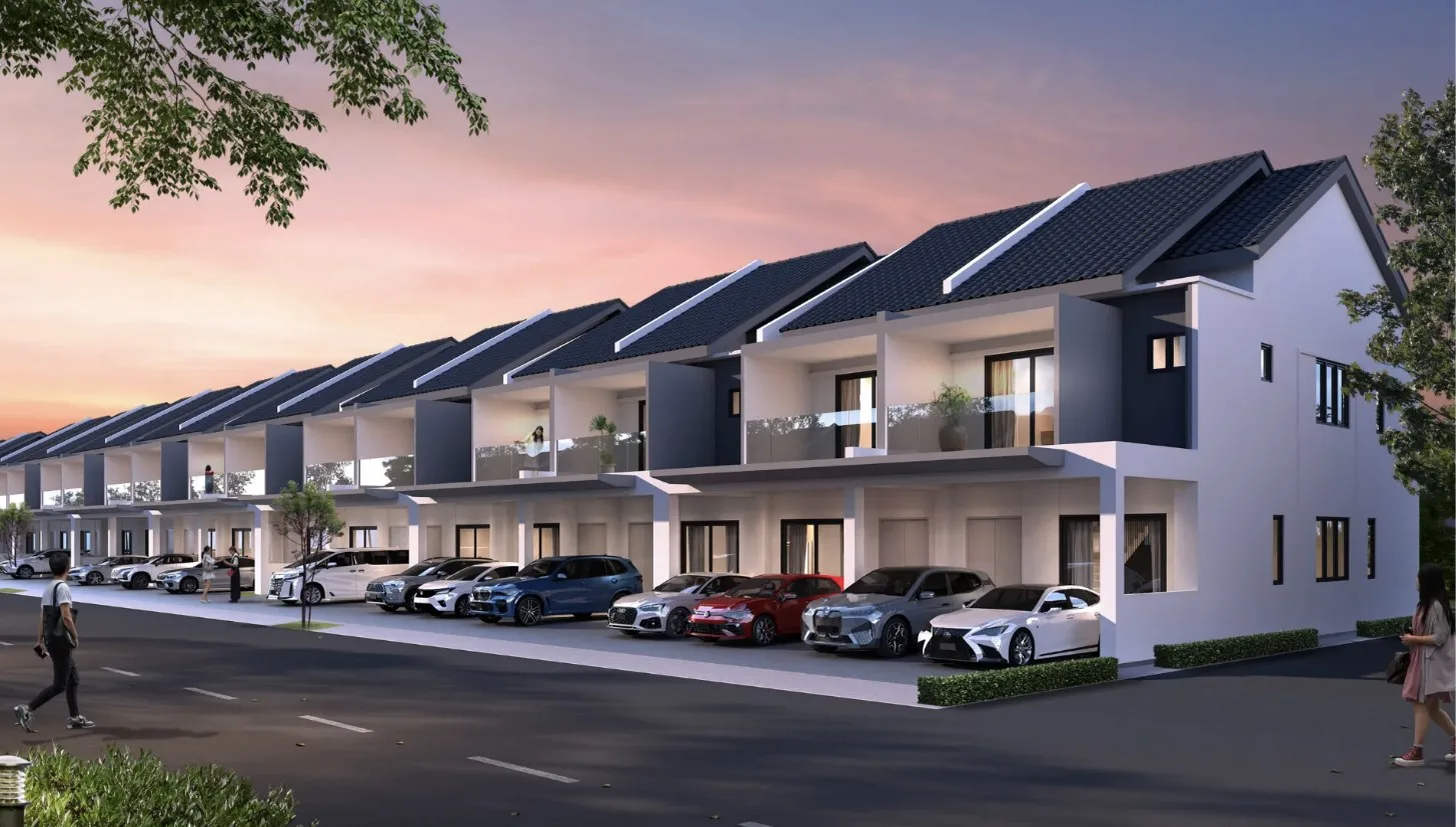 Taman Fajar Permai (Sunrise Terraces), Nibong Tebal: terrace row and end house along the street (artist's impression)