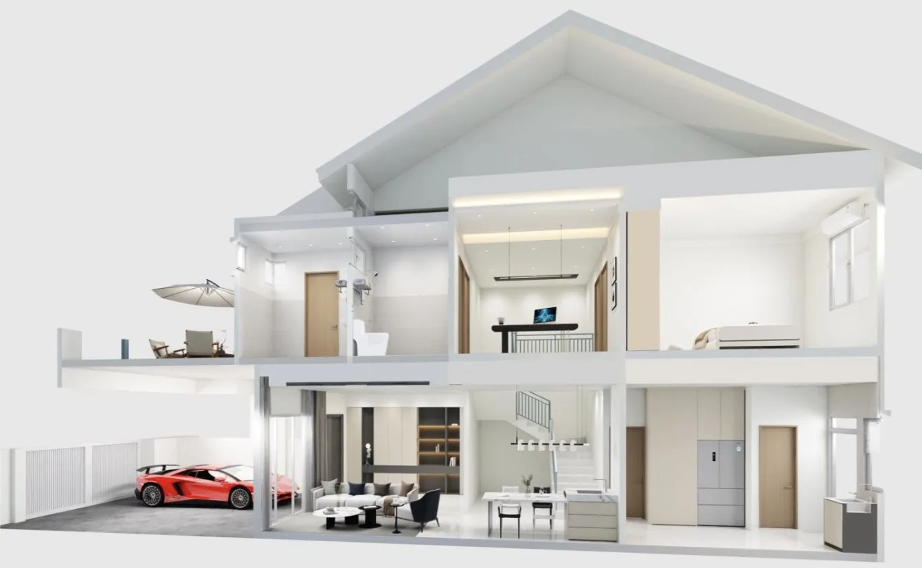 Taman Harmoni Indah, Nibong Tebal: cutaway view of a two-storey terrace, car porch to kitchen (artist's impression)
