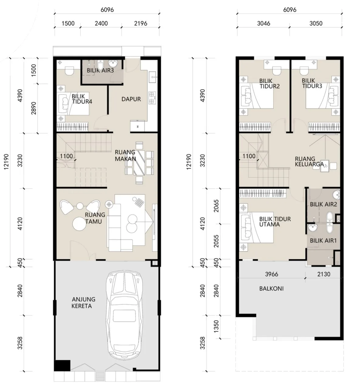 Taman Harmoni Indah, Nibong Tebal: two-storey terrace floor plans, 4 bed 3 bath, about 1,600 sq ft