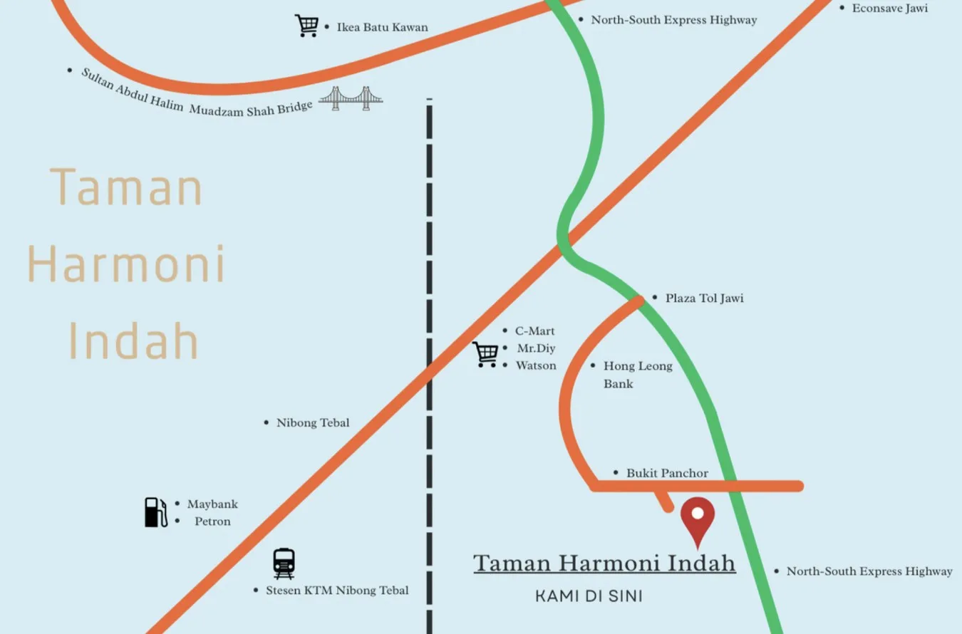 Taman Harmoni Indah, Nibong Tebal: location map near Bukit Panchor, the Jawi toll plaza and Nibong Tebal KTM