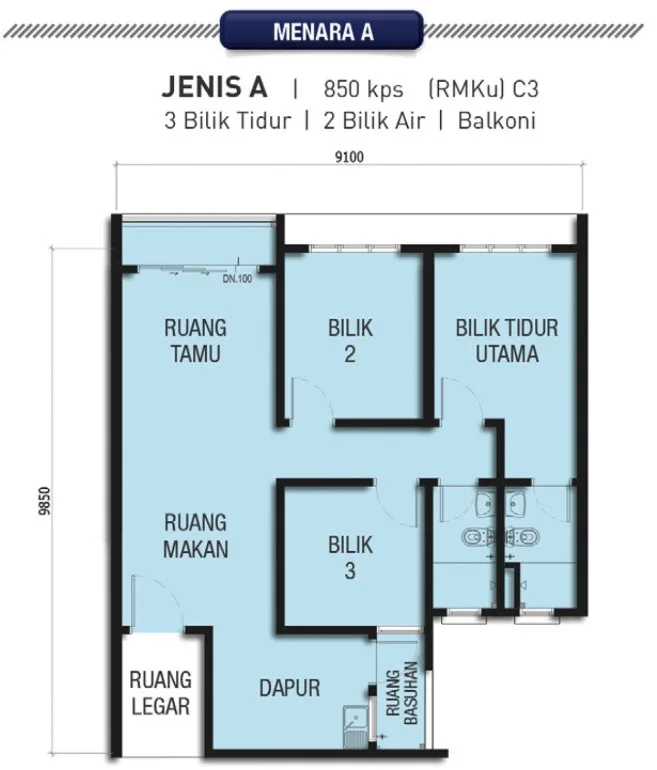 Taman Harmoni Vista, Teluk Kumbar: Type A floor plan, 3 bedrooms, 850 sq ft