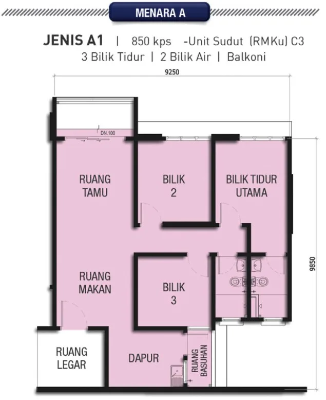 Taman Harmoni Vista, Teluk Kumbar: Type A1 corner floor plan, 3 bedrooms, 850 sq ft