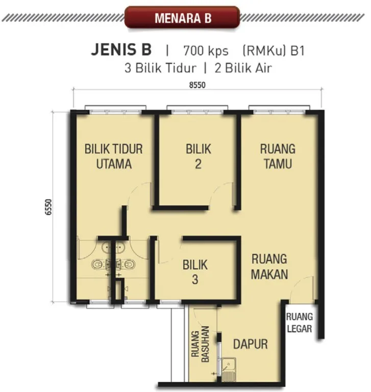 Taman Harmoni Vista, Teluk Kumbar: Type B floor plan, 3 bedrooms, 700 sq ft