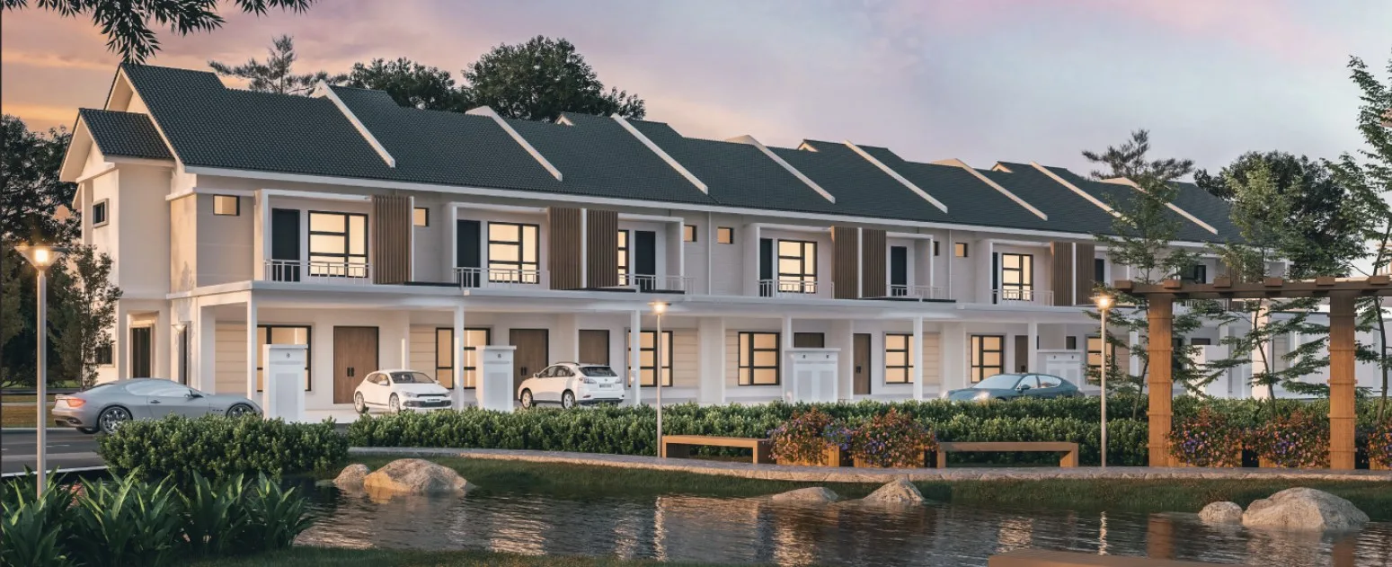 Taman Nara, Alma, Bukit Mertajam: two-storey terrace houses behind a landscaped pond, artist's impression