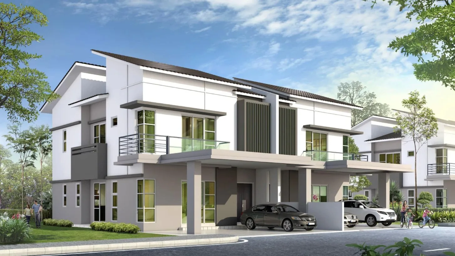 Taman Nuri Emas, Nibong Tebal: full view of a pair of 2-storey semi-detached houses