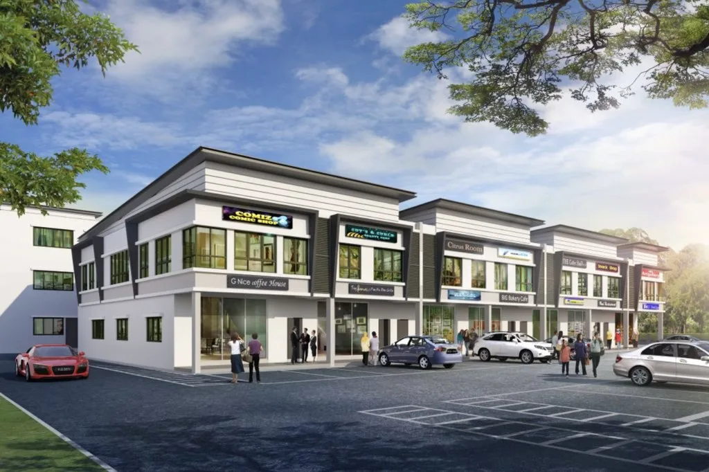 Taman Nuri Emas, Nibong Tebal: double-storey shop offices by the main road