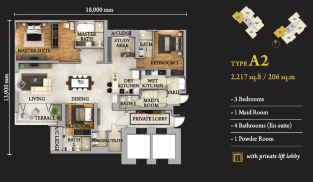 The Astaka floor plan Type A2, 3 bedrooms and maid’s room, 2,217 sq ft