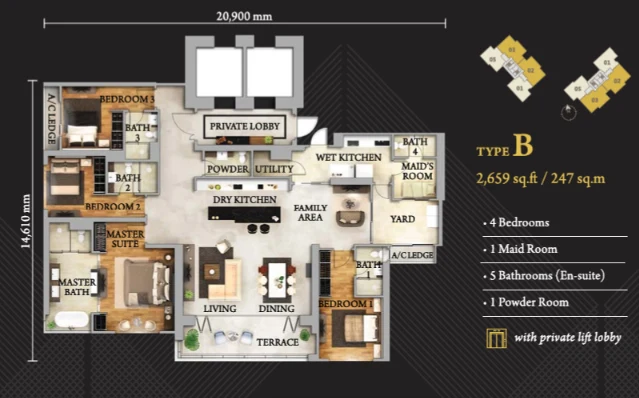 The Astaka floor plan Type B, 4 bedrooms and maid’s room, 2,659 sq ft