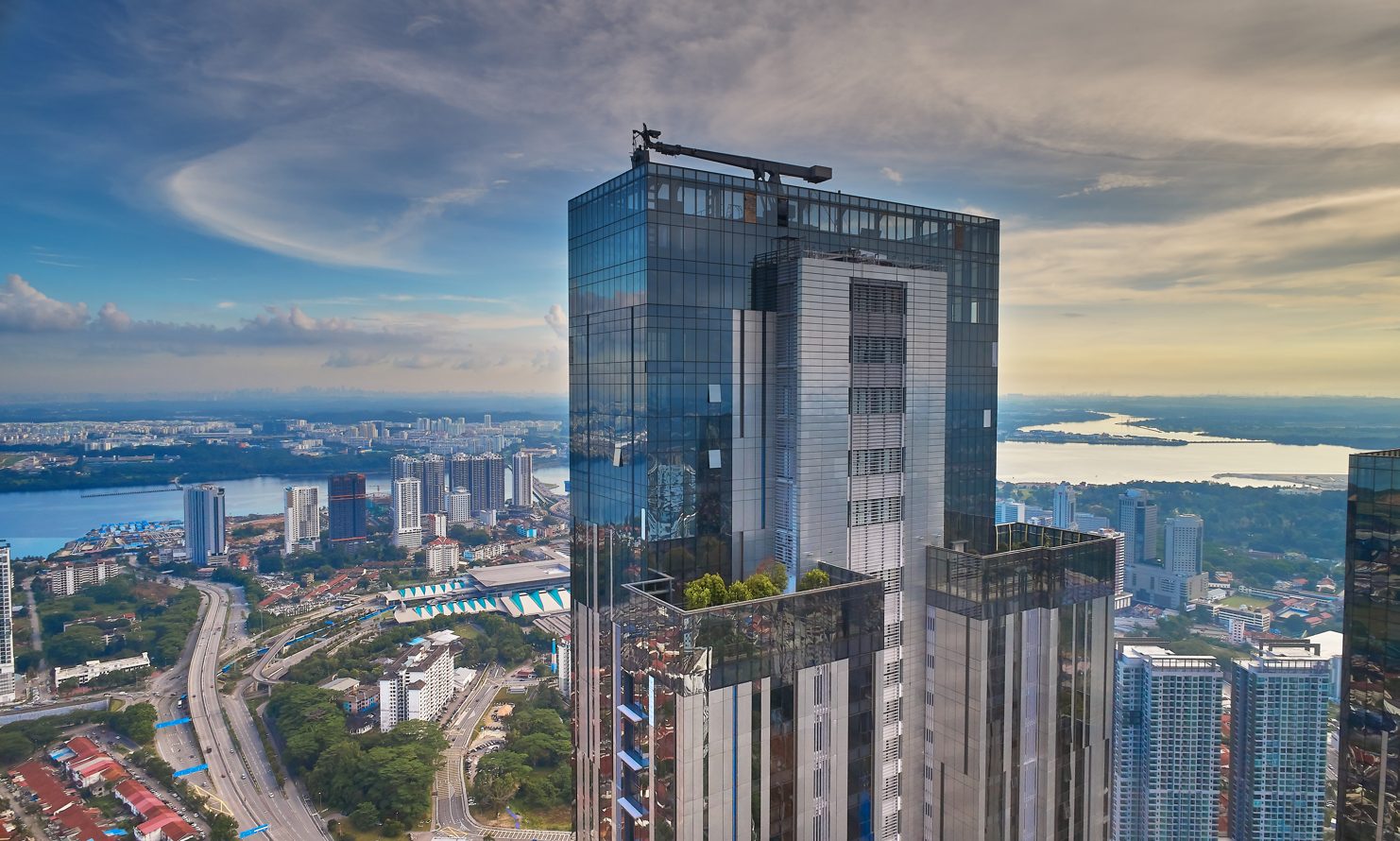 The Astaka tower top with views over the Johor Strait and Singapore