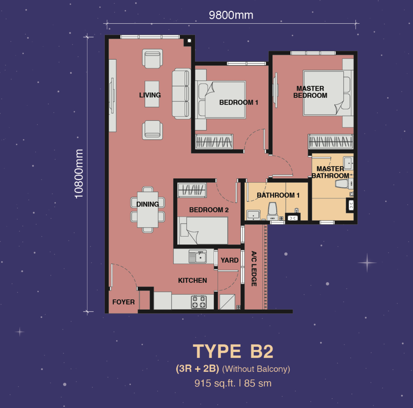 The Asteriaz Kebun Teh 户型图 B2 型，3 房 2 卫，915 平方尺
