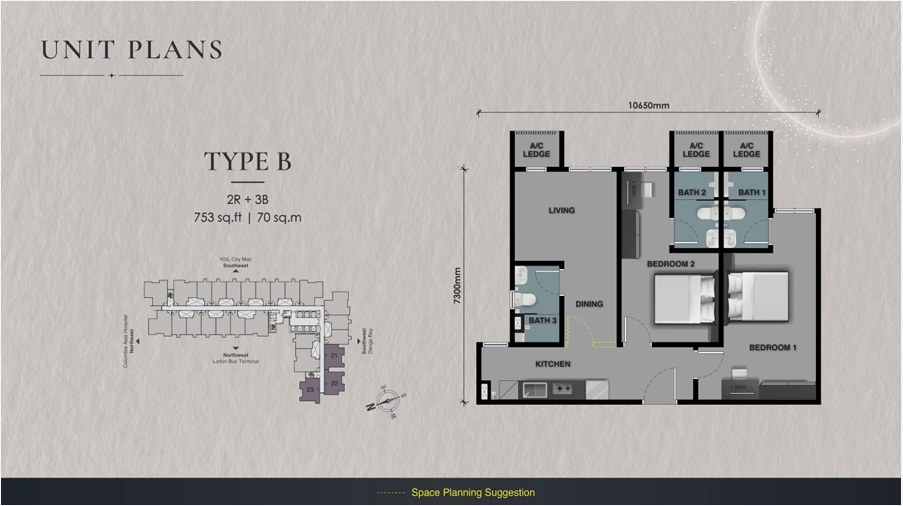 The Celestz 户型图 B 型，2 房 3 卫，753 平方尺