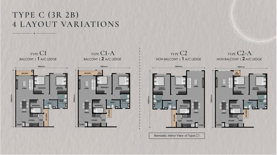 The Celestz 户型图 C 型三房户型变化 C1、C1-A、C2、C2-A