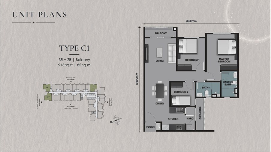 The Celestz 户型图 C1 型，3 房带阳台，915 平方尺