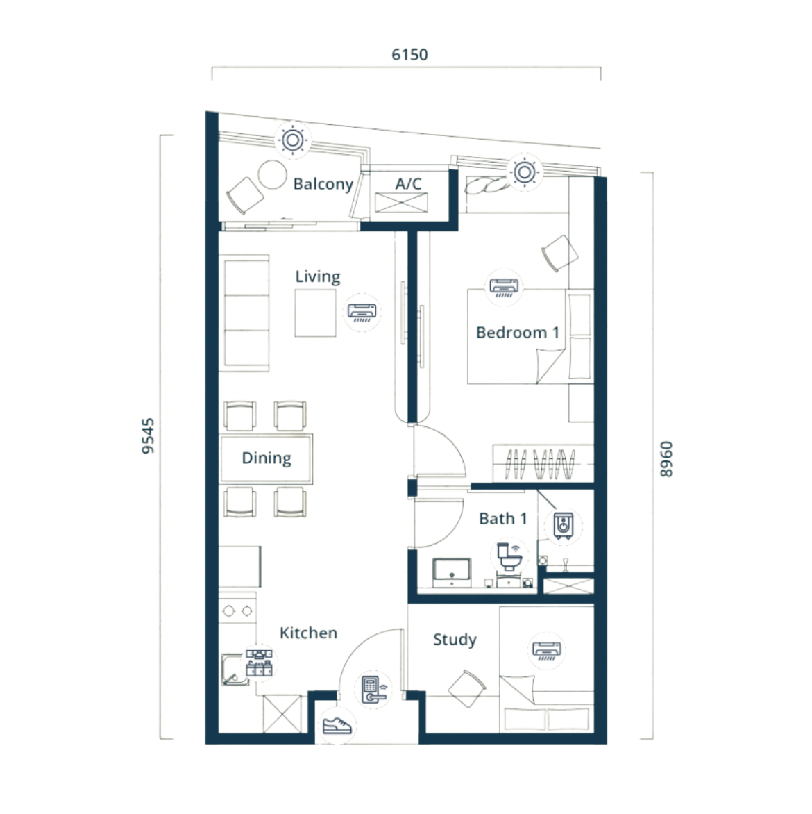 The Eclipse Type A1 floor plan, 1+1 bed / 1 bath, 608 sq ft
