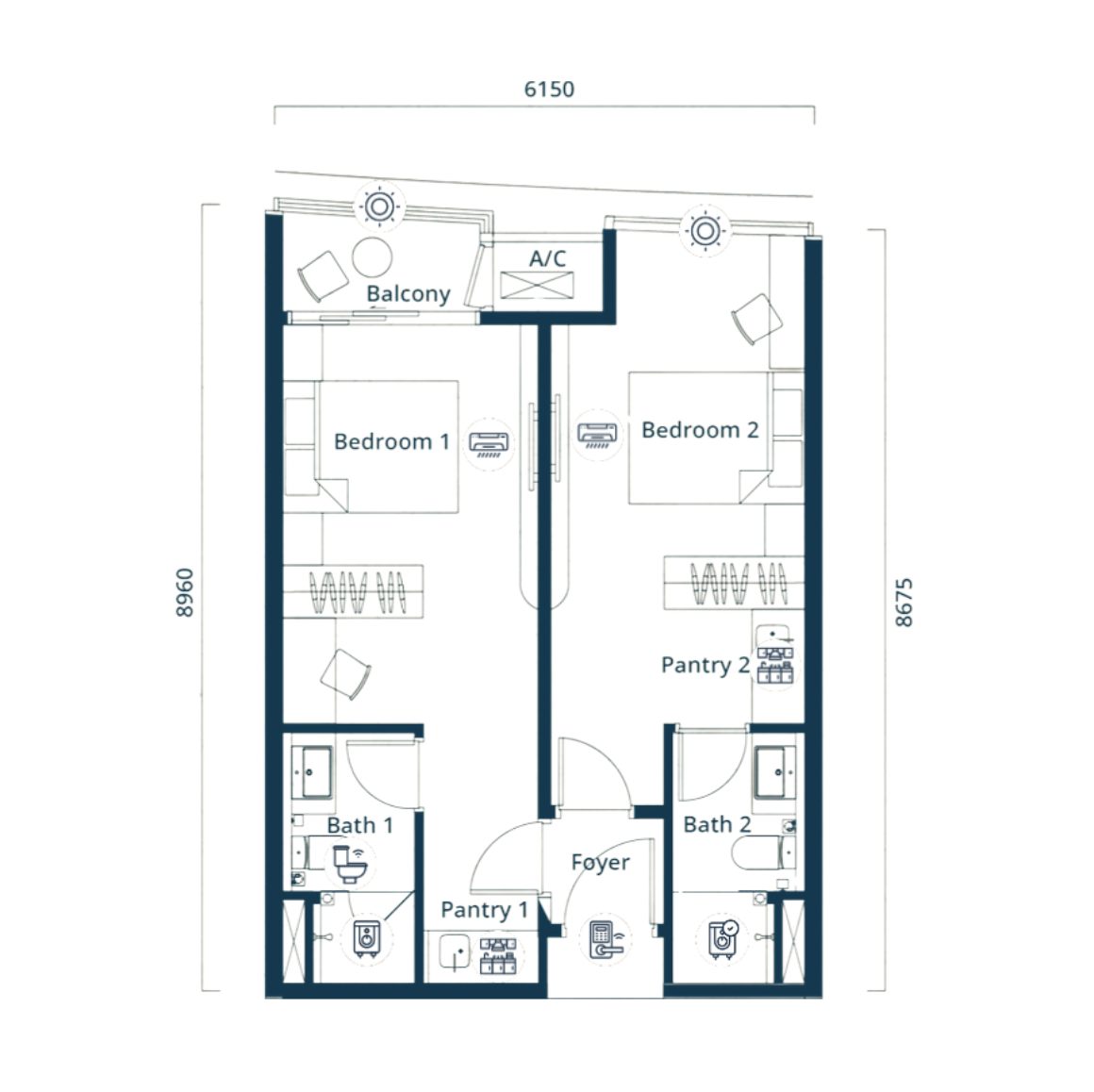 The Eclipse Type A2 floor plan, 2 bed / 2 bath, 579 sq ft