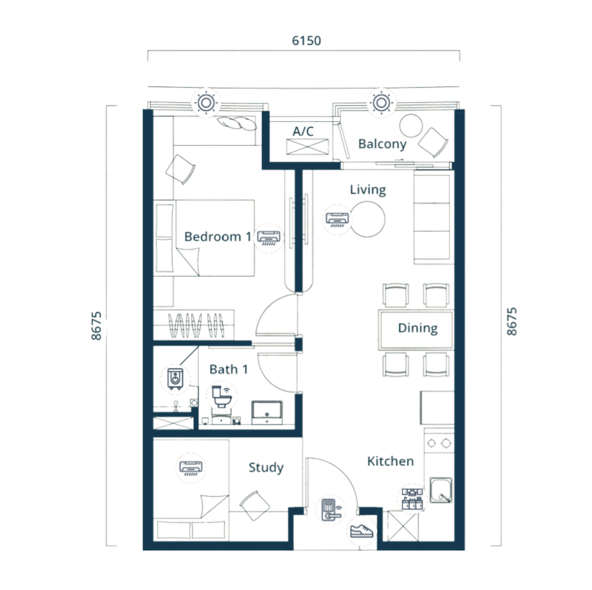 The Eclipse Type A3 floor plan, 1+1 bed / 1 bath, 570 sq ft