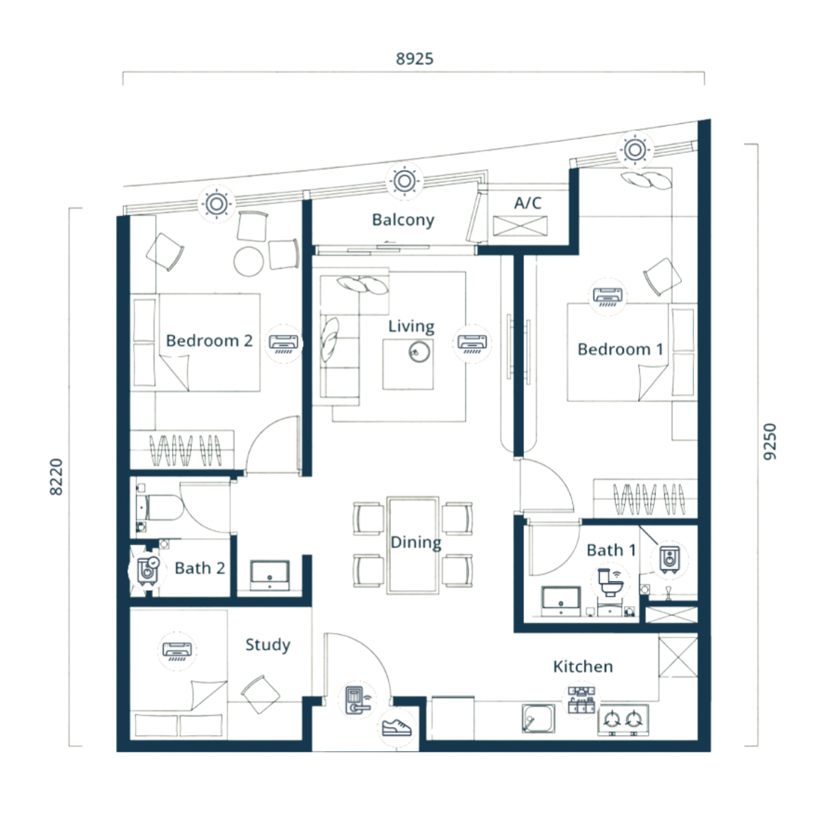 The Eclipse Type B1 floor plan, 2+1 bed / 2 bath, 829 sq ft