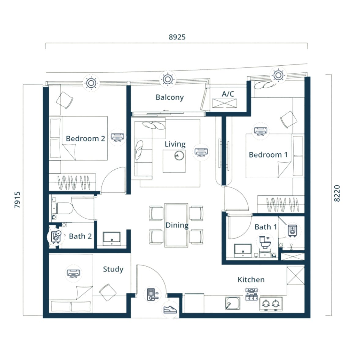 The Eclipse Type B2 floor plan, 2+1 bed / 2 bath, 765 sq ft