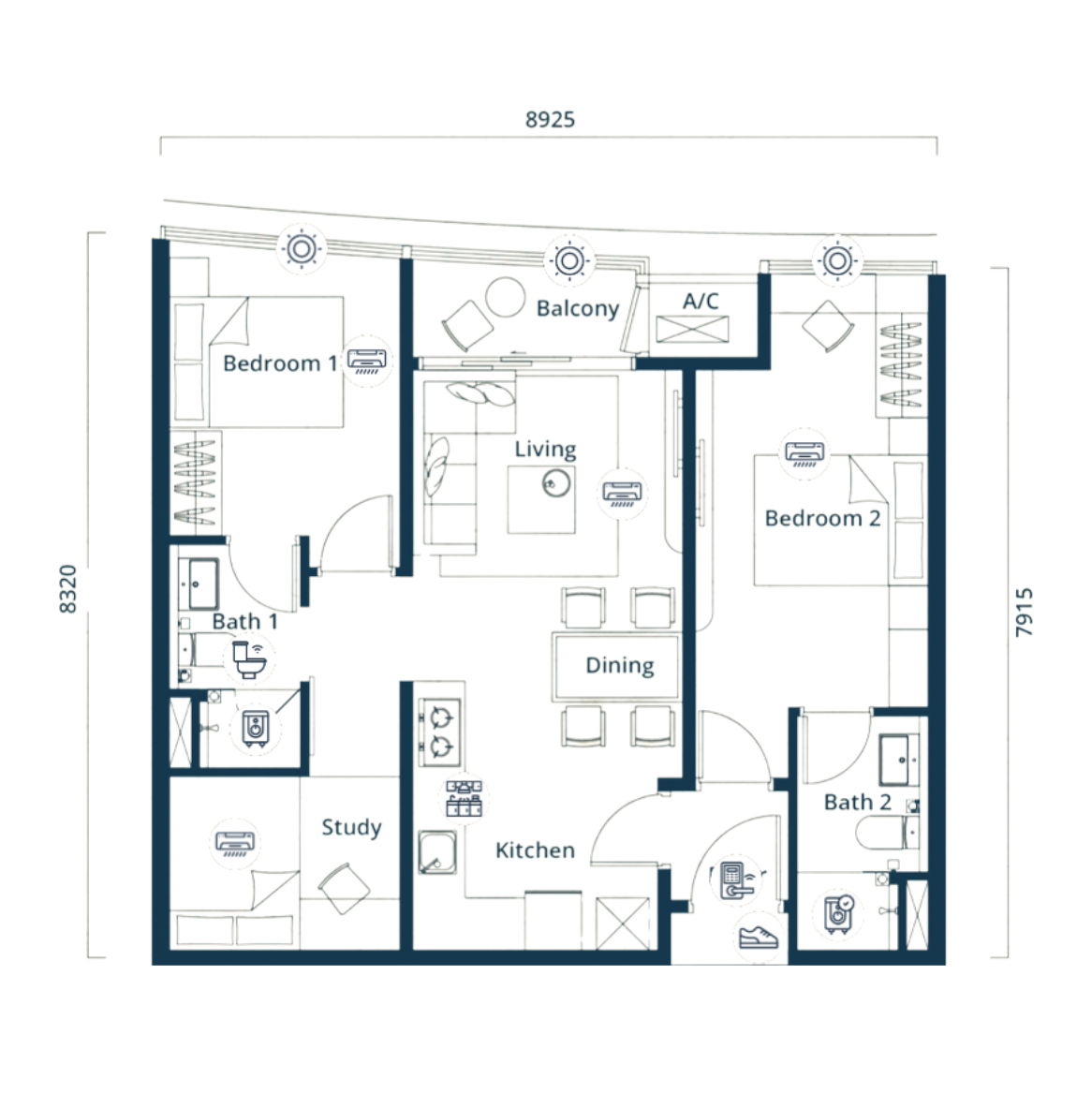 The Eclipse Type B3 floor plan, 2+1 bed / 2 bath, 770 sq ft