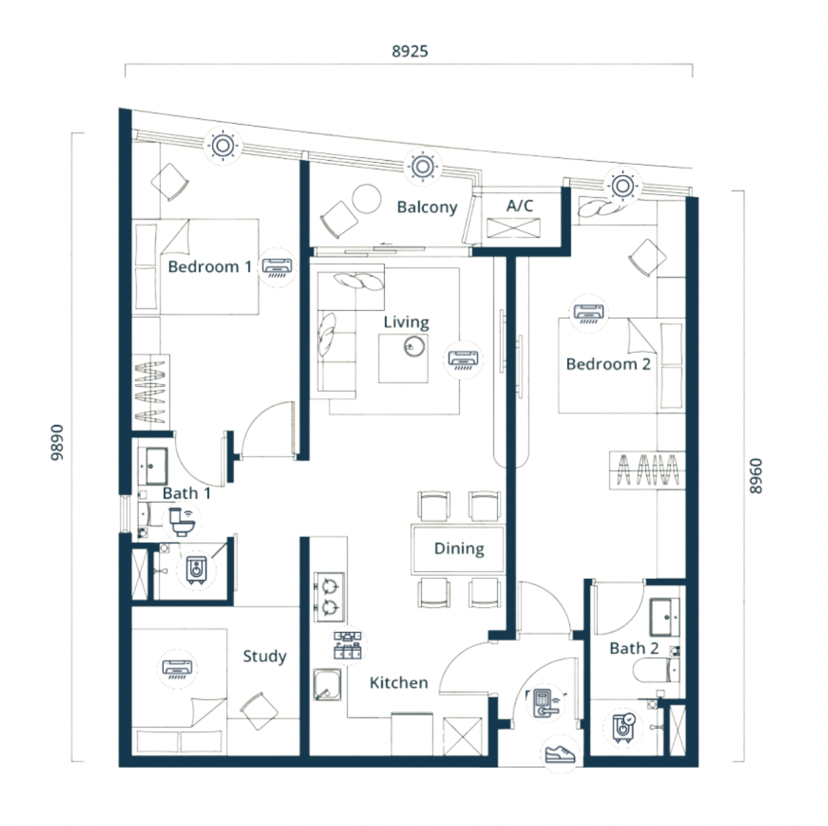 The Eclipse Type B4 floor plan, 2+1 bed / 2 bath, 897 sq ft