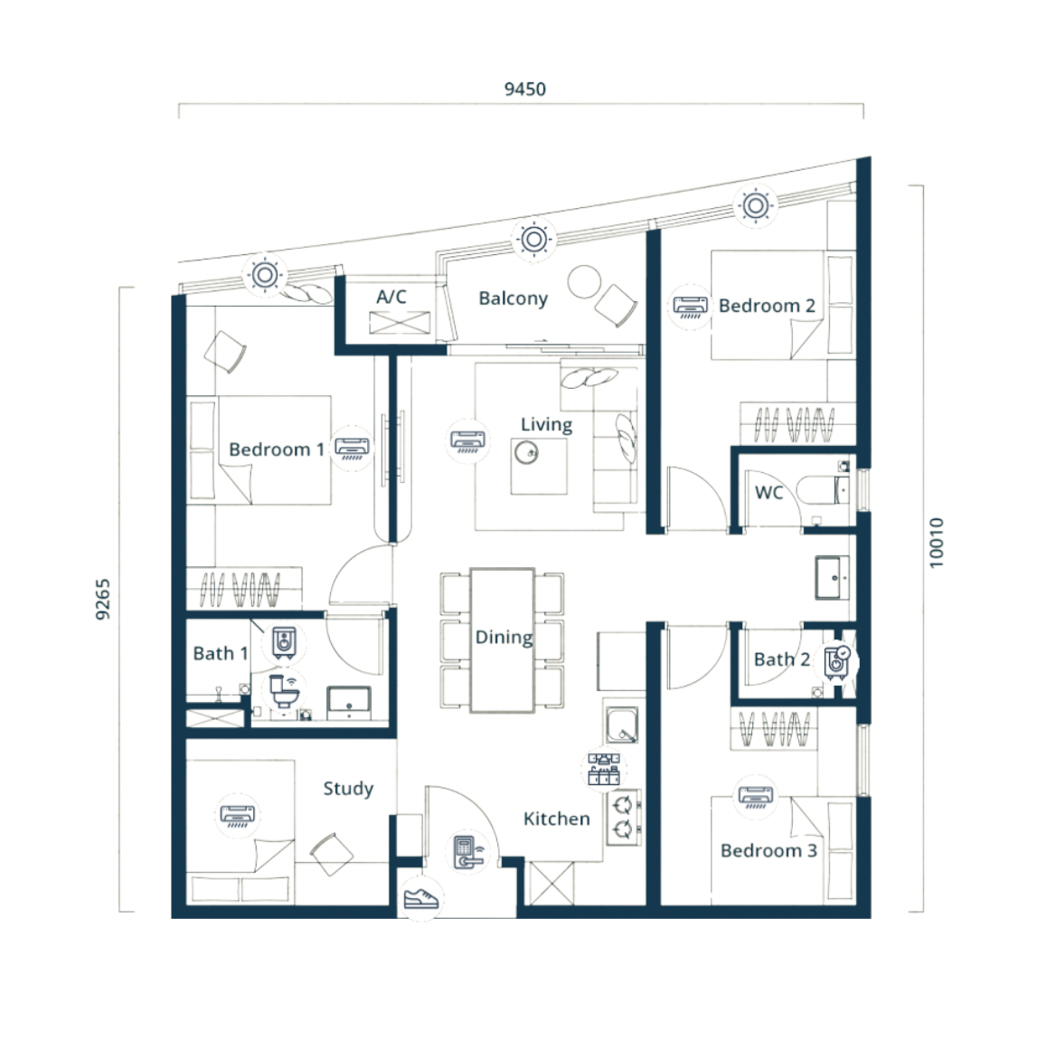 The Eclipse Type C floor plan, 3+1 bed / 3 bath, 934 sq ft