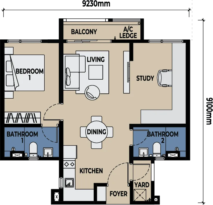 The Lighthauz, Gelugor: Type A1 floor plan, 2 bed 2 bath, with balcony, 732 sq ft