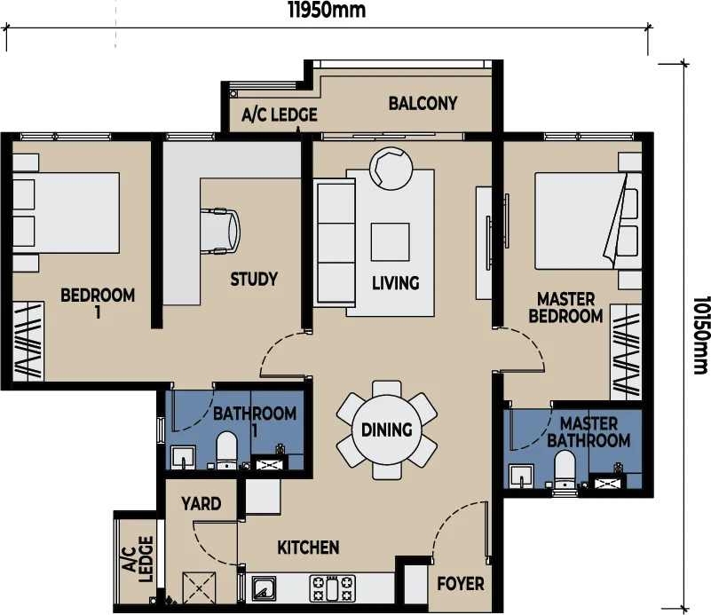 The Lighthauz, Gelugor: Type B1 floor plan, 3 bed 2 bath, with balcony, 1,001 sq ft