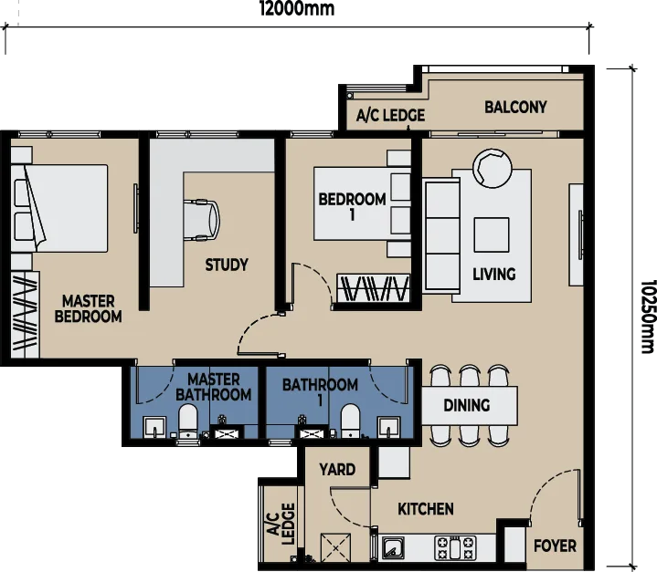 The Lighthauz, Gelugor: Type C1 floor plan, 3 bed 2 bath, corner, with balcony, 1,001 sq ft