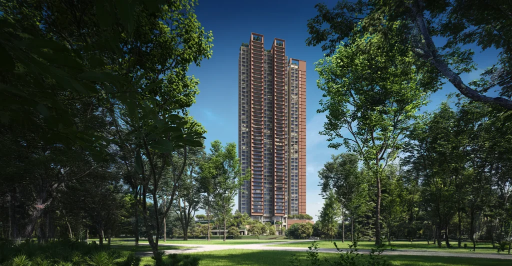 The Lume, Andaman Island, Penang: residential tower seen across parkland, artist's impression
