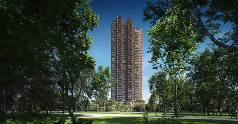 The Lume, Andaman Island, Penang: residential tower seen across parkland, artist's impression